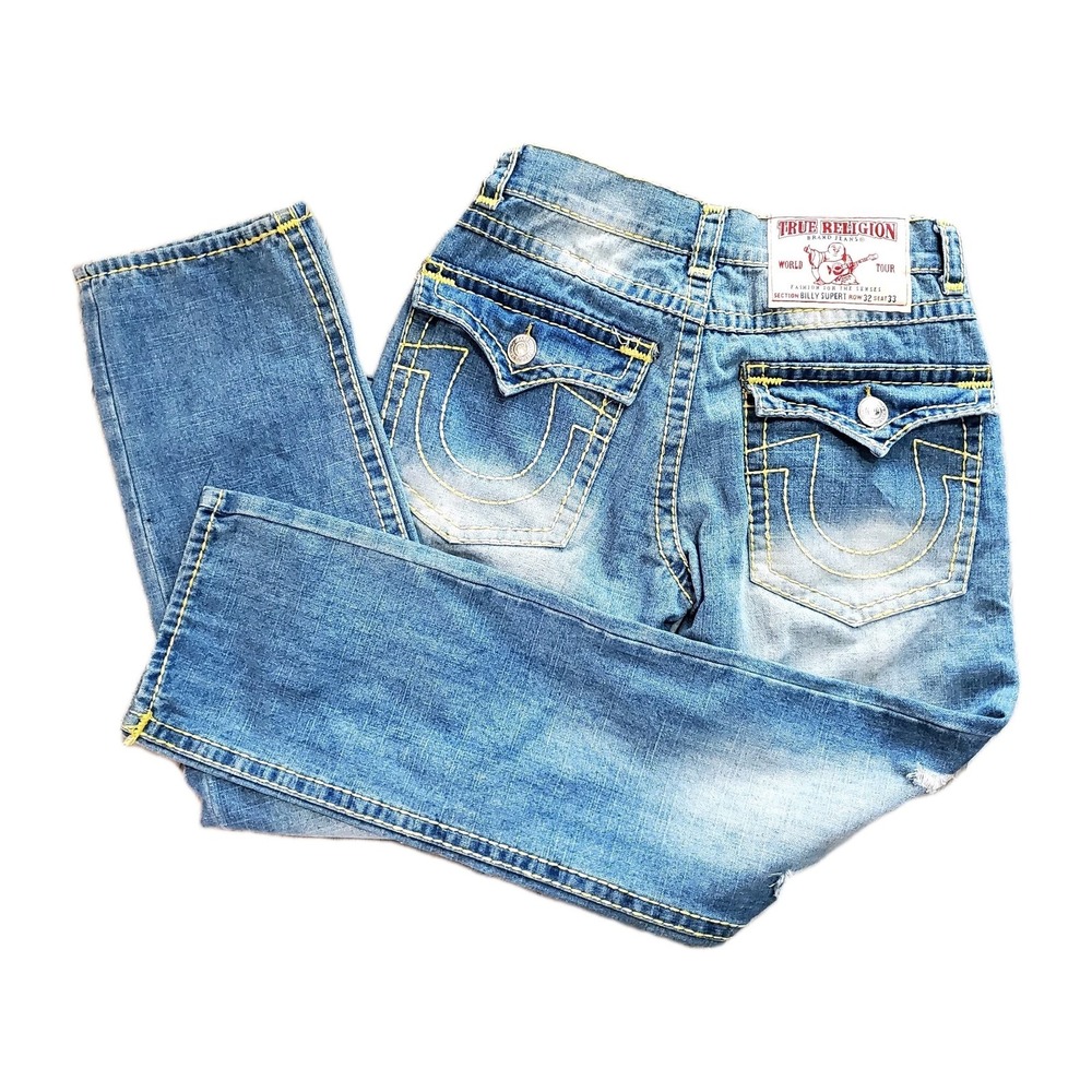 True Religion Billy Super T 32x33 (30x32) Distressed Straight‎ Leg Blue Jeans